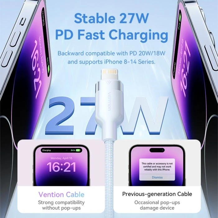 Vention - Kabel USB 2.0 C Male to Lightning Male 3A 1M Black LAKBF dan White LAKWF / Kabel Data